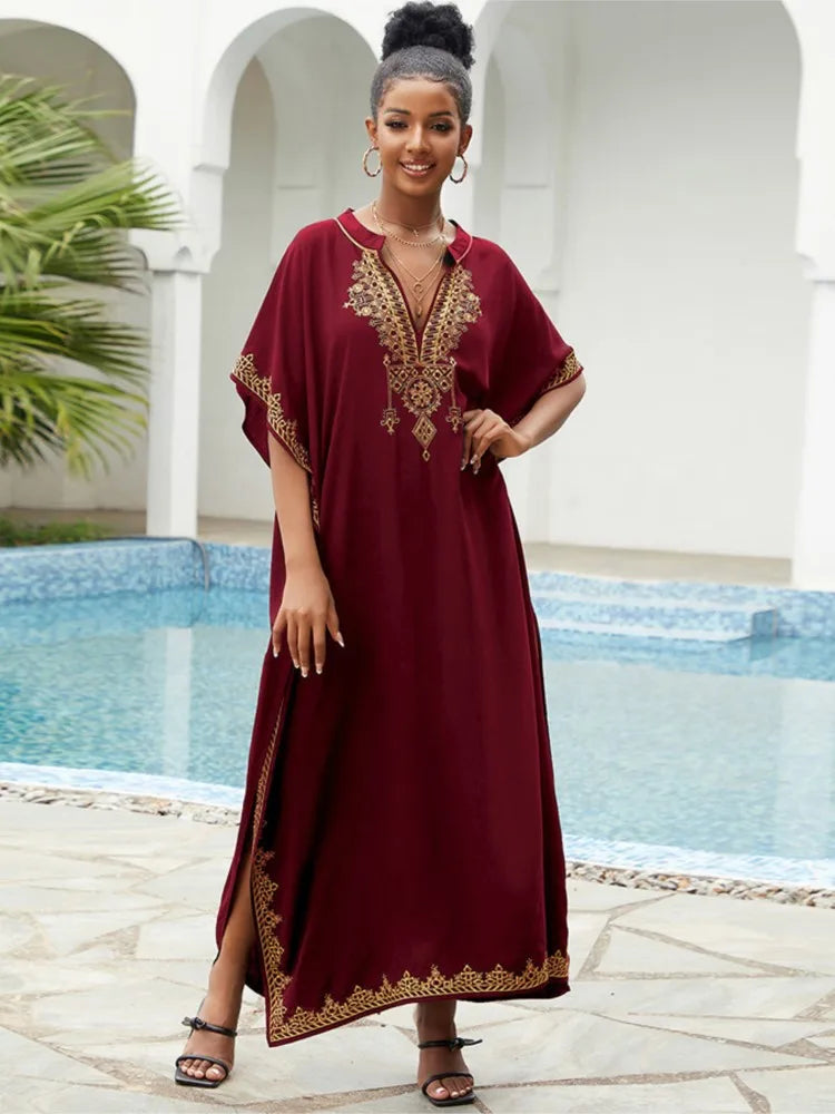 Women Vintage Loose Dress Cotton Beach Cover-up Embroidered Robe Vacation Sun Protection Bikini Cover-up Sexy Dresses For Women