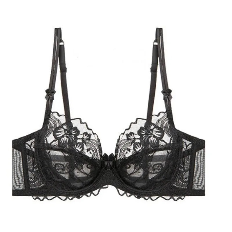 Chic French Ultra-thin Lace Lingerie Set, Large Breasts See-through Underwire Bra,small Bust Lift Elegant Soft Feminine Set S-xl
