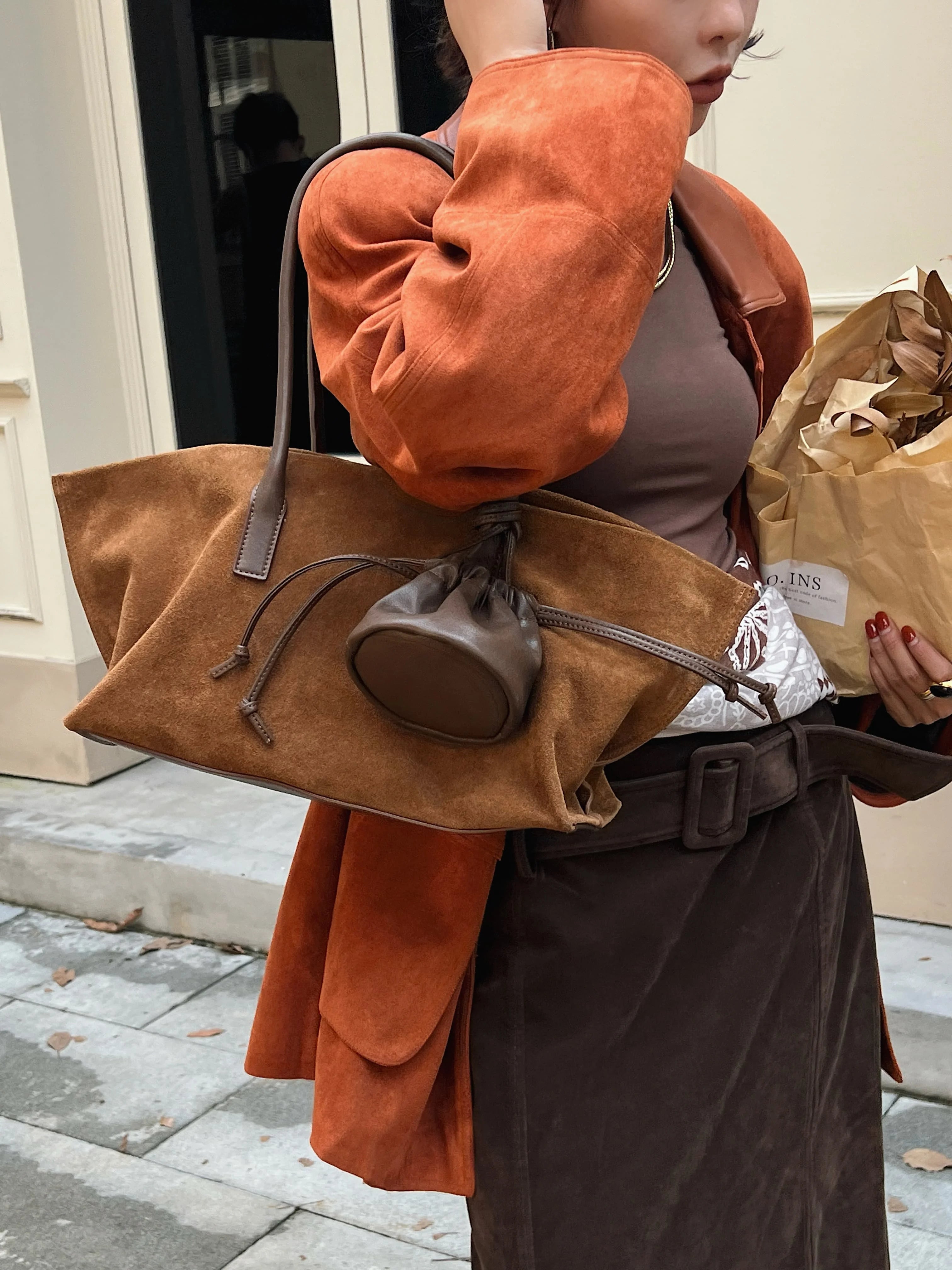 Vintage Large Capacity Suede Tote Bag Designer Trapeze Shoulder Bags for Women Luxury Genuine Leather Handbag and Purse 2025