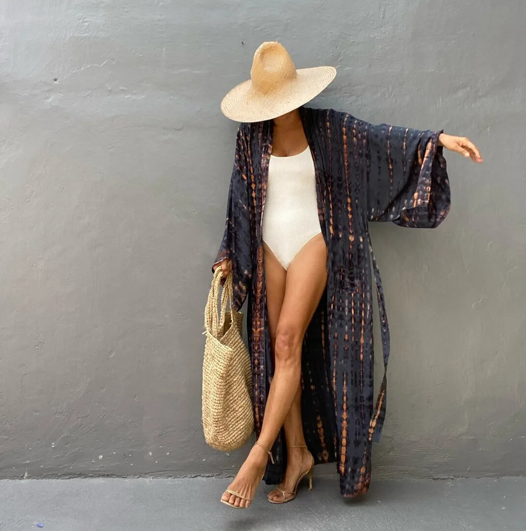 Long Kimono Swimsuit Cover up for Women Stylish Tie Dye Open Front Beach Outfits Bathing Suit