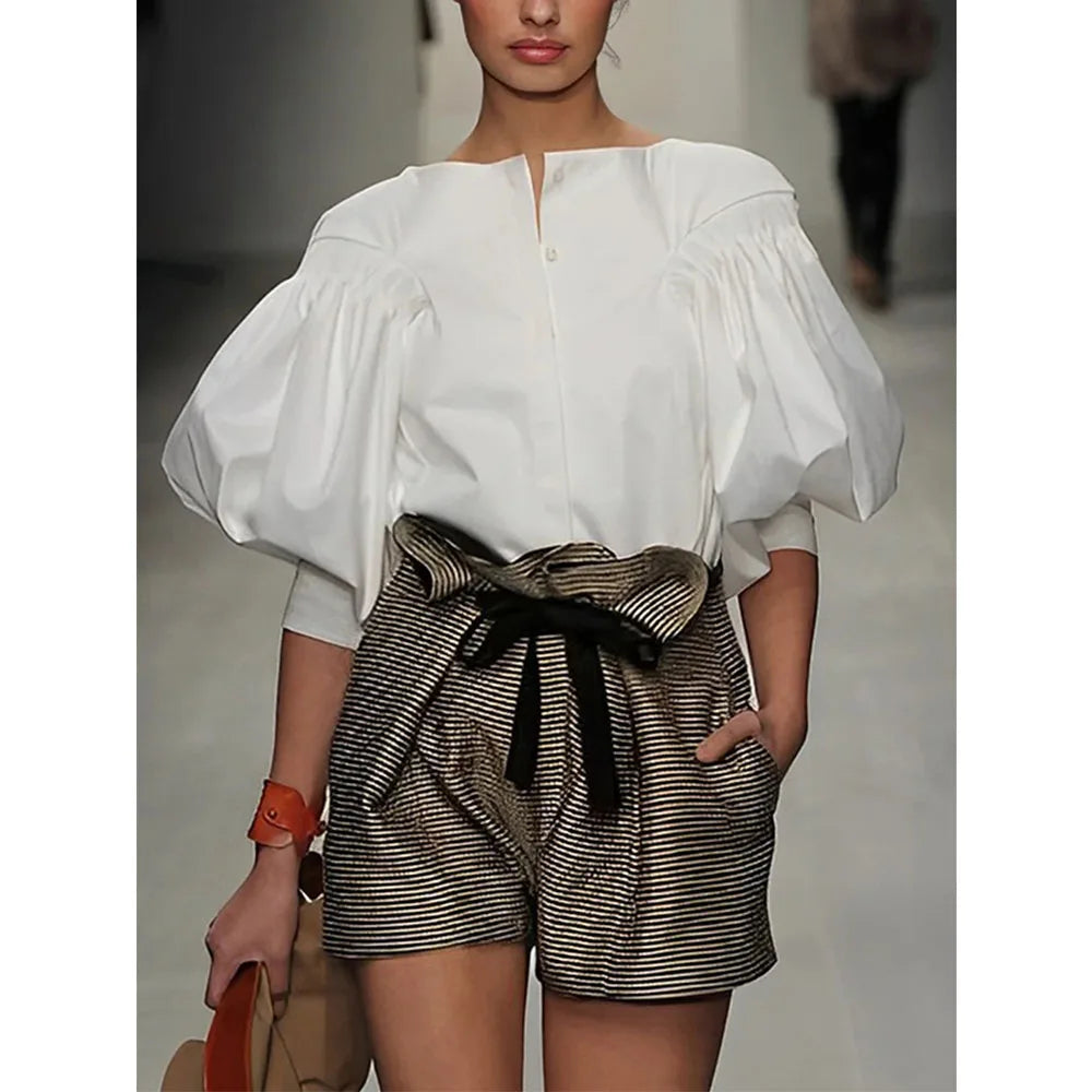 Puff Sleeves Buttoned Solid Color Blouse