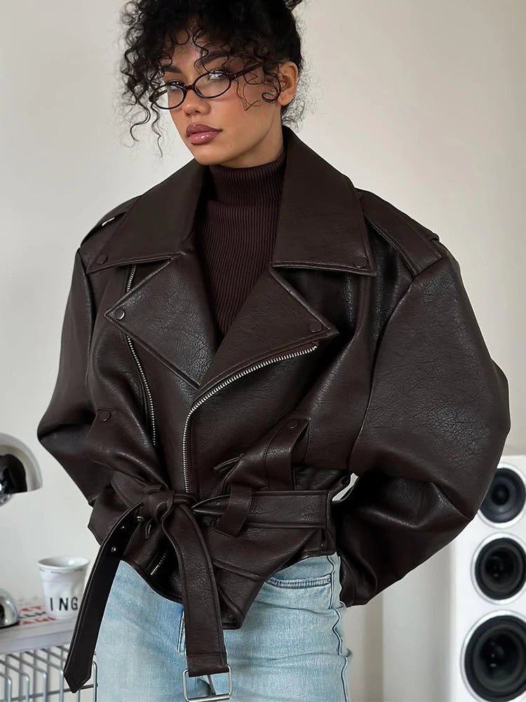 casual-zipper-long-sleeve-leather-lace-up-lapel-loose-high-street-wear-2920247 - Easydrop