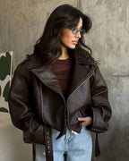 casual-zipper-long-sleeve-leather-lace-up-lapel-loose-high-street-wear-5169133 - Easydrop