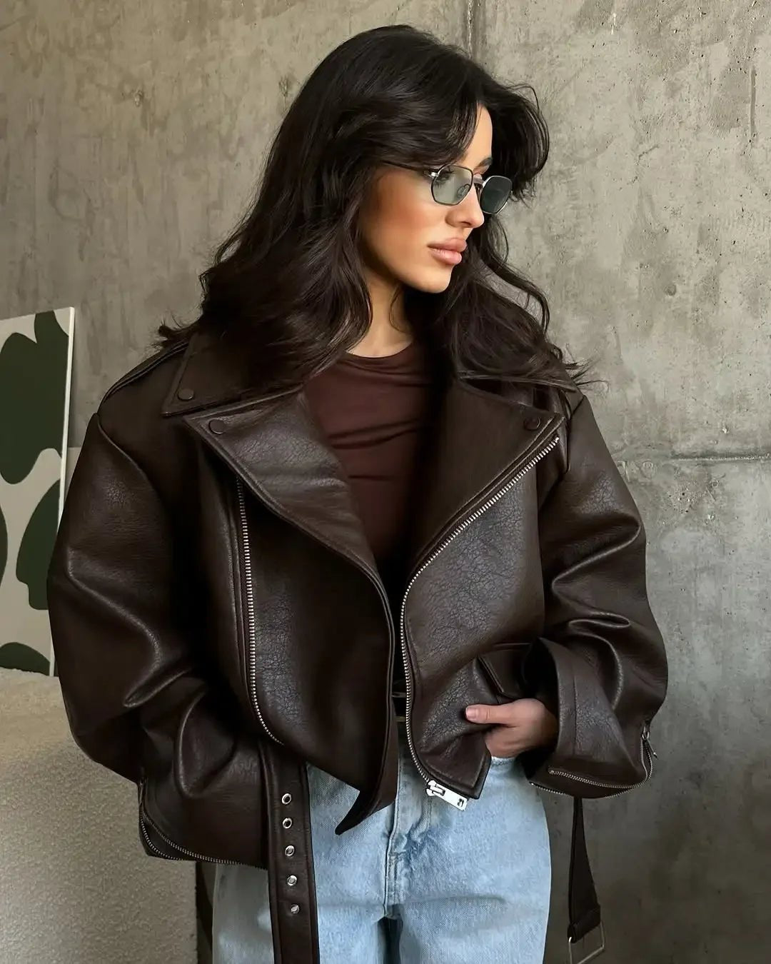 casual-zipper-long-sleeve-leather-lace-up-lapel-loose-high-street-wear-5169133 - Easydrop