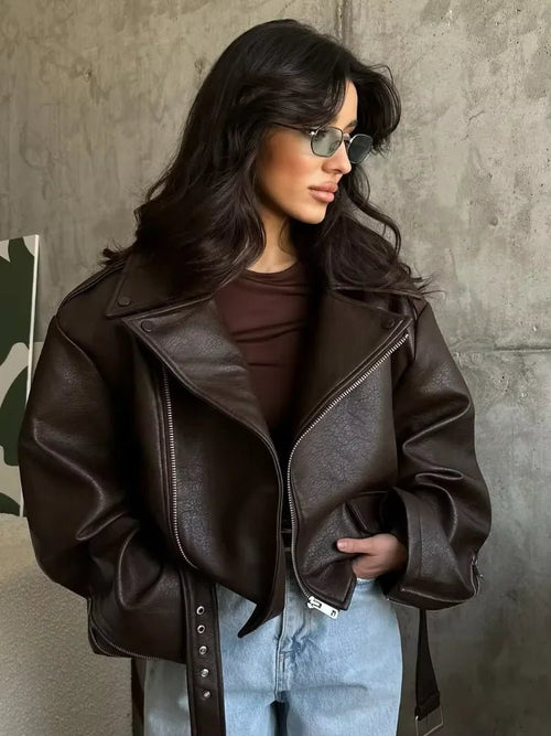 casual-zipper-long-sleeve-leather-lace-up-lapel-loose-high-street-wear-5329043 - Easydrop