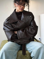casual-zipper-long-sleeve-leather-lace-up-lapel-loose-high-street-wear-6665084 - Easydrop