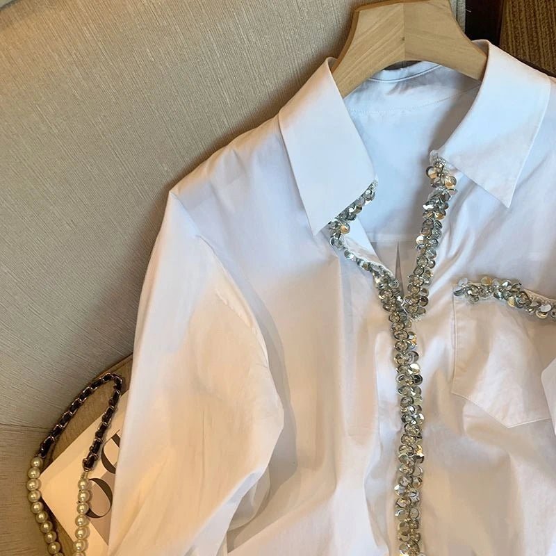 Diamond White Loose Long Sleeve Casual Blouse - Easydrop