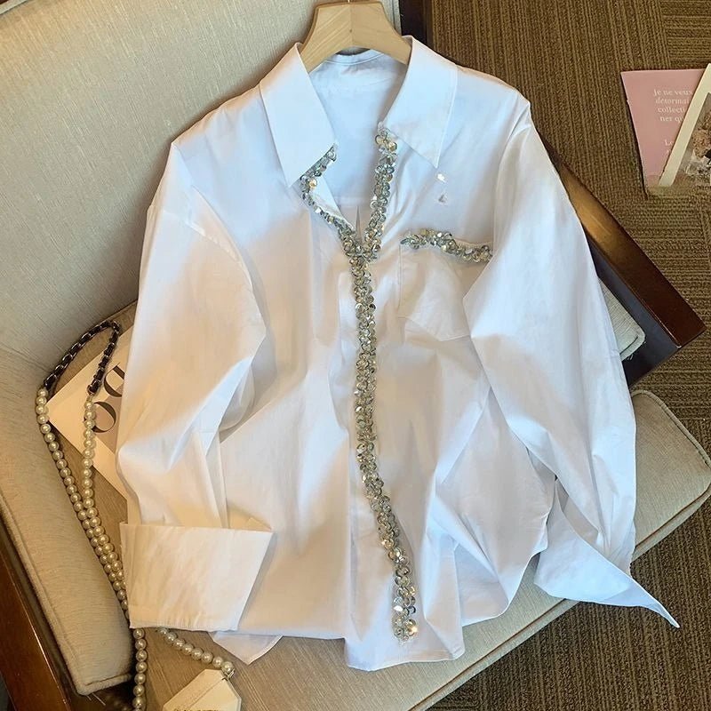 Diamond White Loose Long Sleeve Casual Blouse - Easydrop