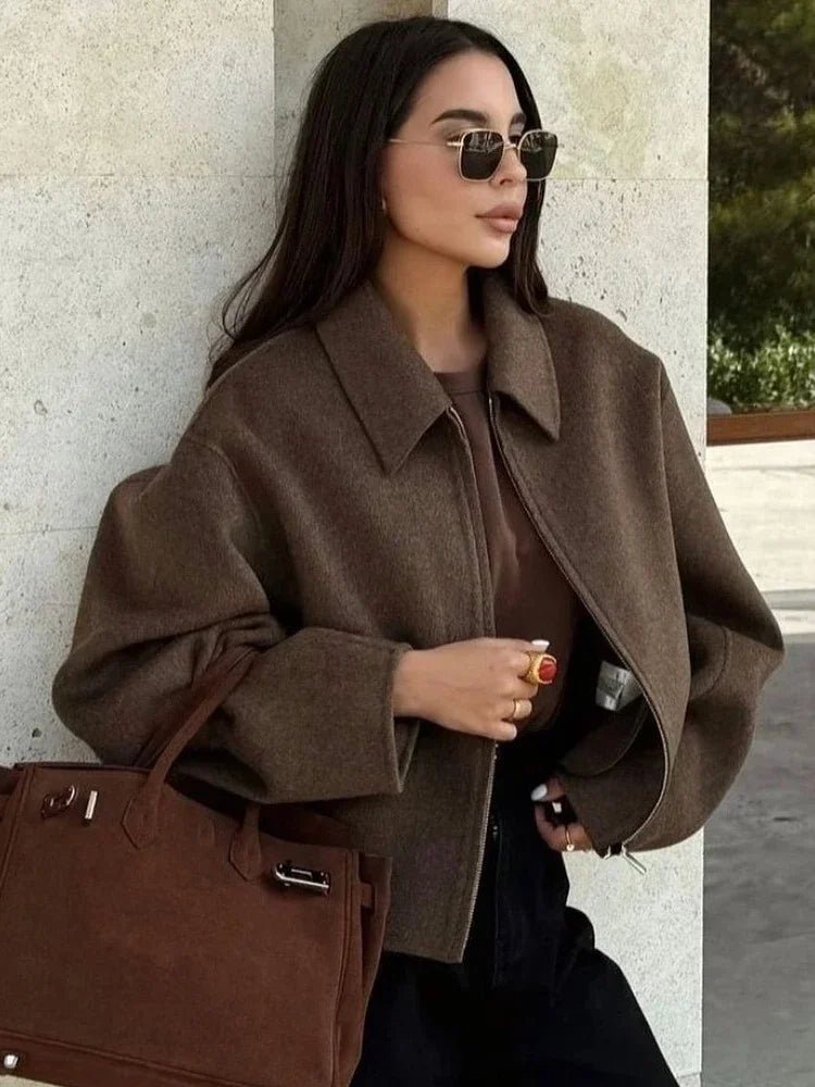 fashion-brown-zipper-woolen-jacket-for-women-4117922 - Easydrop