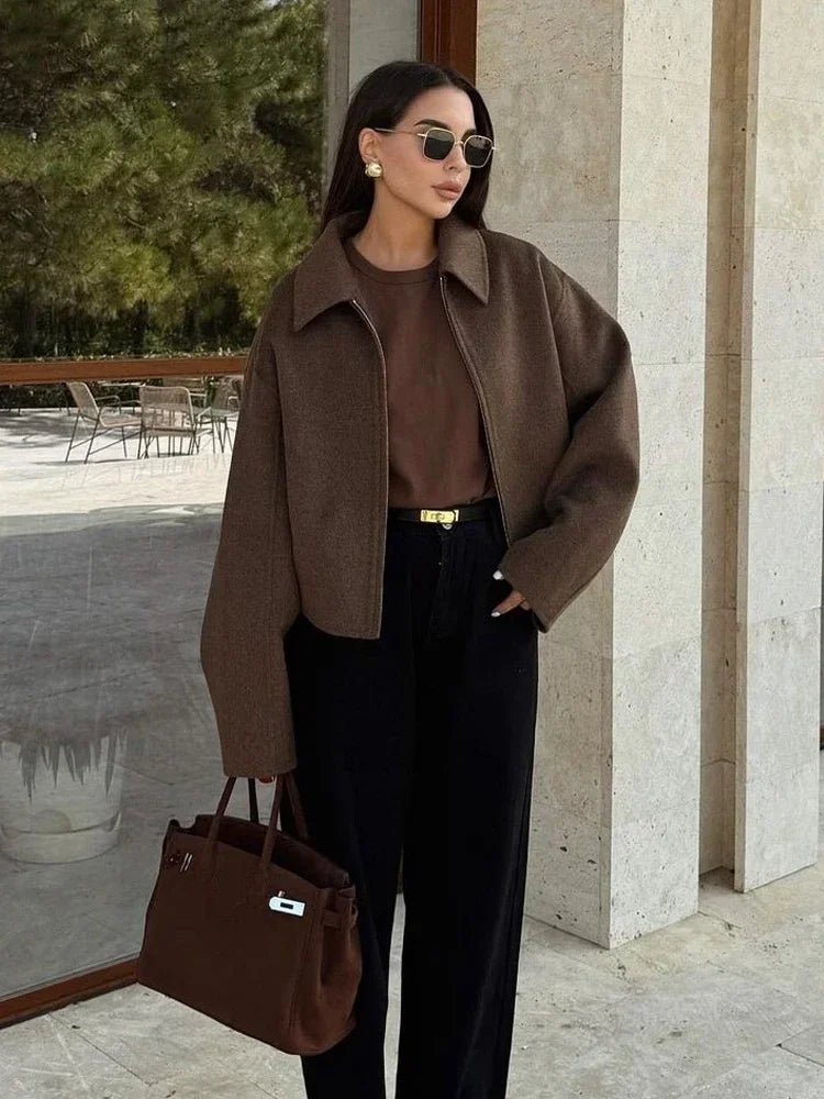 fashion-brown-zipper-woolen-jacket-for-women-6299867 - Easydrop