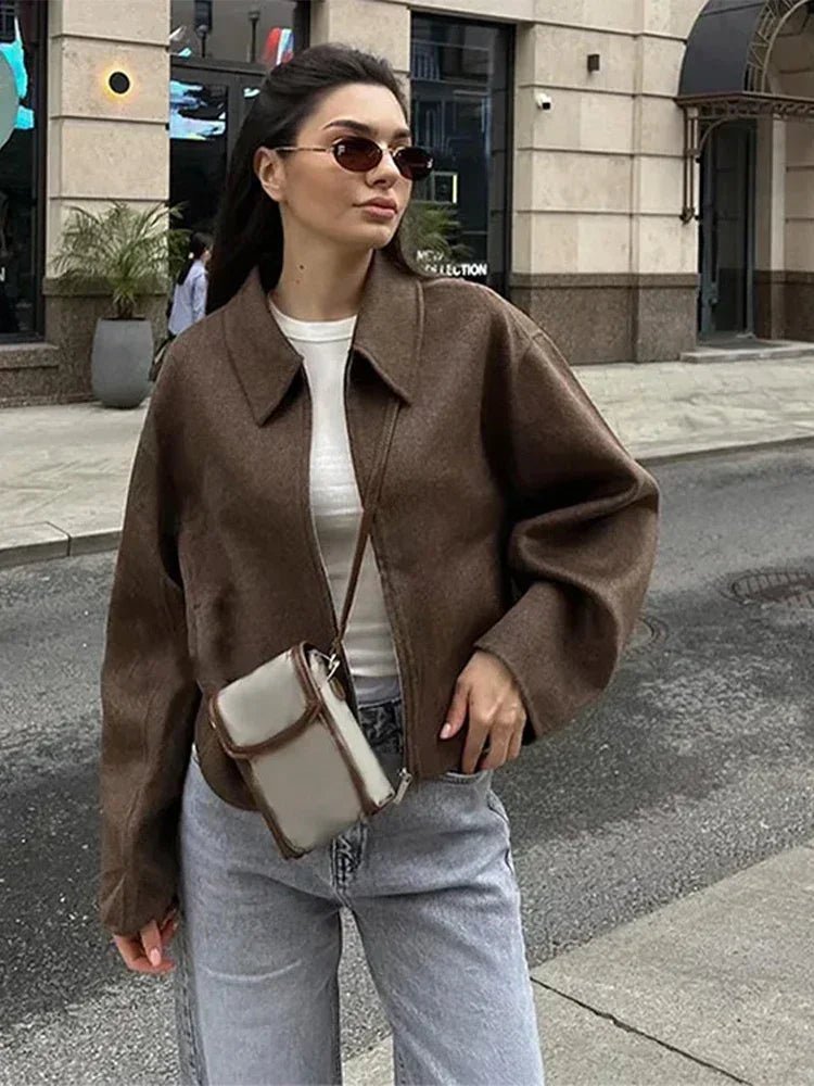 fashion-brown-zipper-woolen-jacket-for-women-6854854 - Easydrop