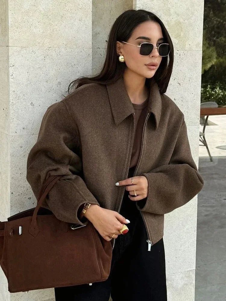 fashion-brown-zipper-woolen-jacket-for-women-8708872 - Easydrop