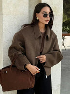 fashion-brown-zipper-woolen-jacket-for-women-8708872 - Easydrop