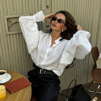 Fashion White Women Long Sleeve Cotton Chic Oversize Blouse - Easydrop
