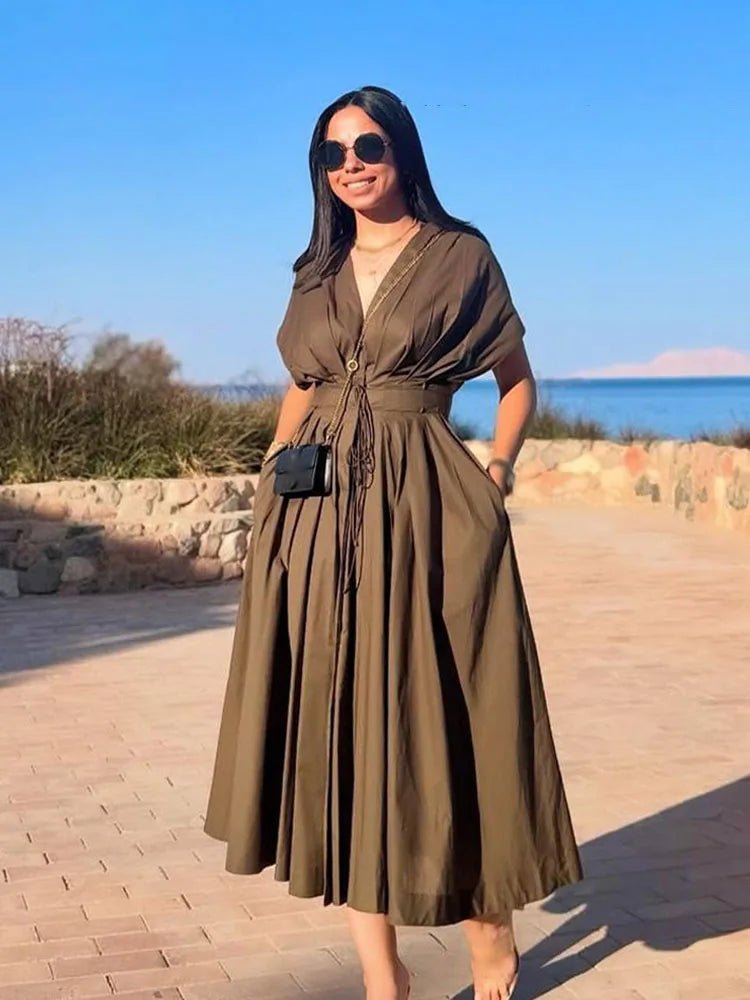 Female Summer Elegant Long Solid V - Neck Short Sleeve Dress - Easydrop
