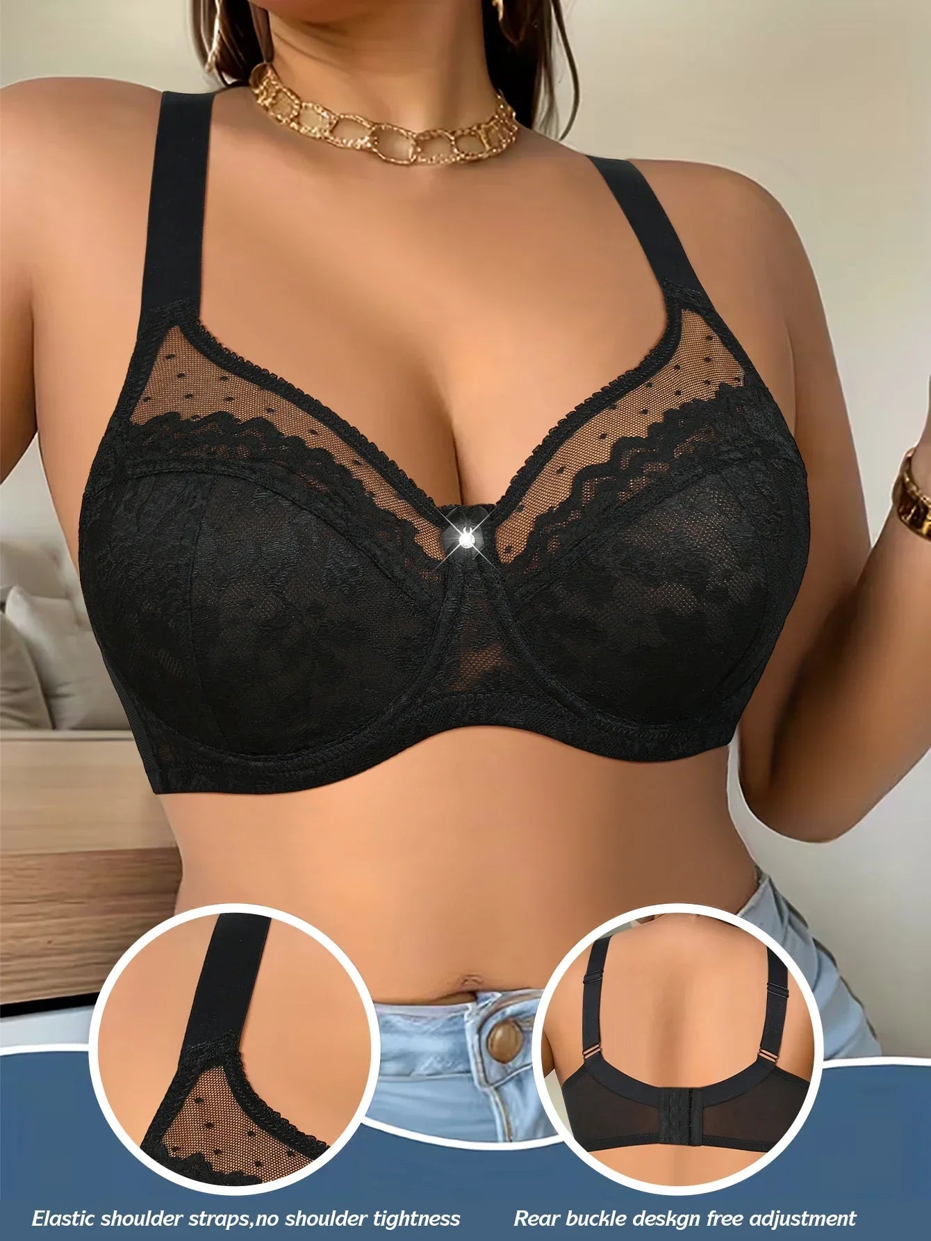 Floral Lace Wireless Padded Full Cup Bra with Comfortable Breathable Mesh Cups - Easydrop