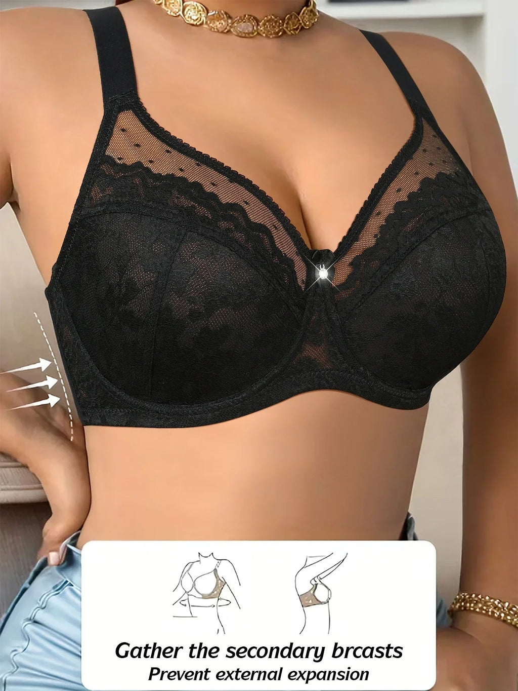 Floral Lace Wireless Padded Full Cup Bra with Comfortable Breathable Mesh Cups - Easydrop