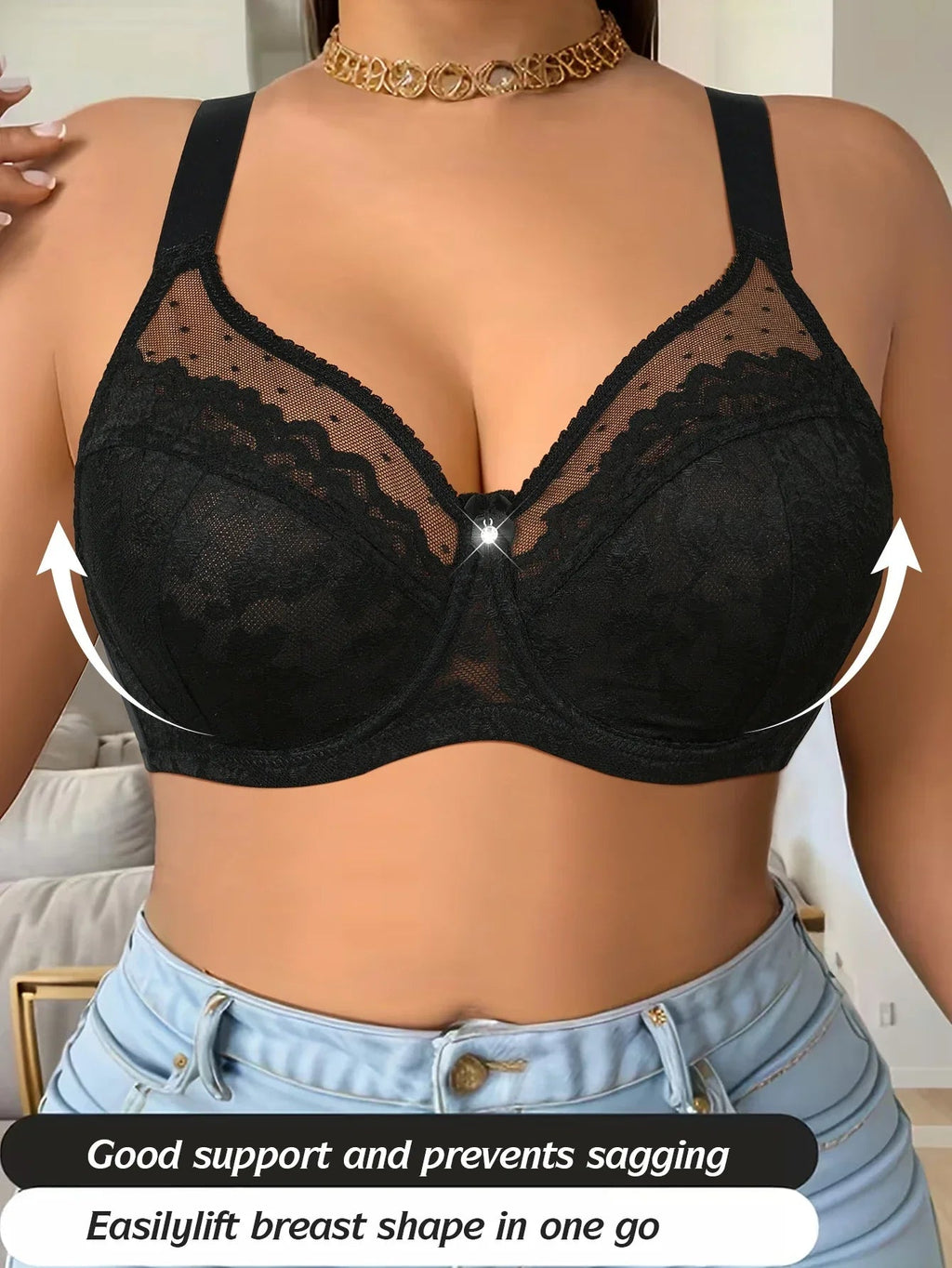 Floral Lace Wireless Padded Full Cup Bra with Comfortable Breathable Mesh Cups - Easydrop
