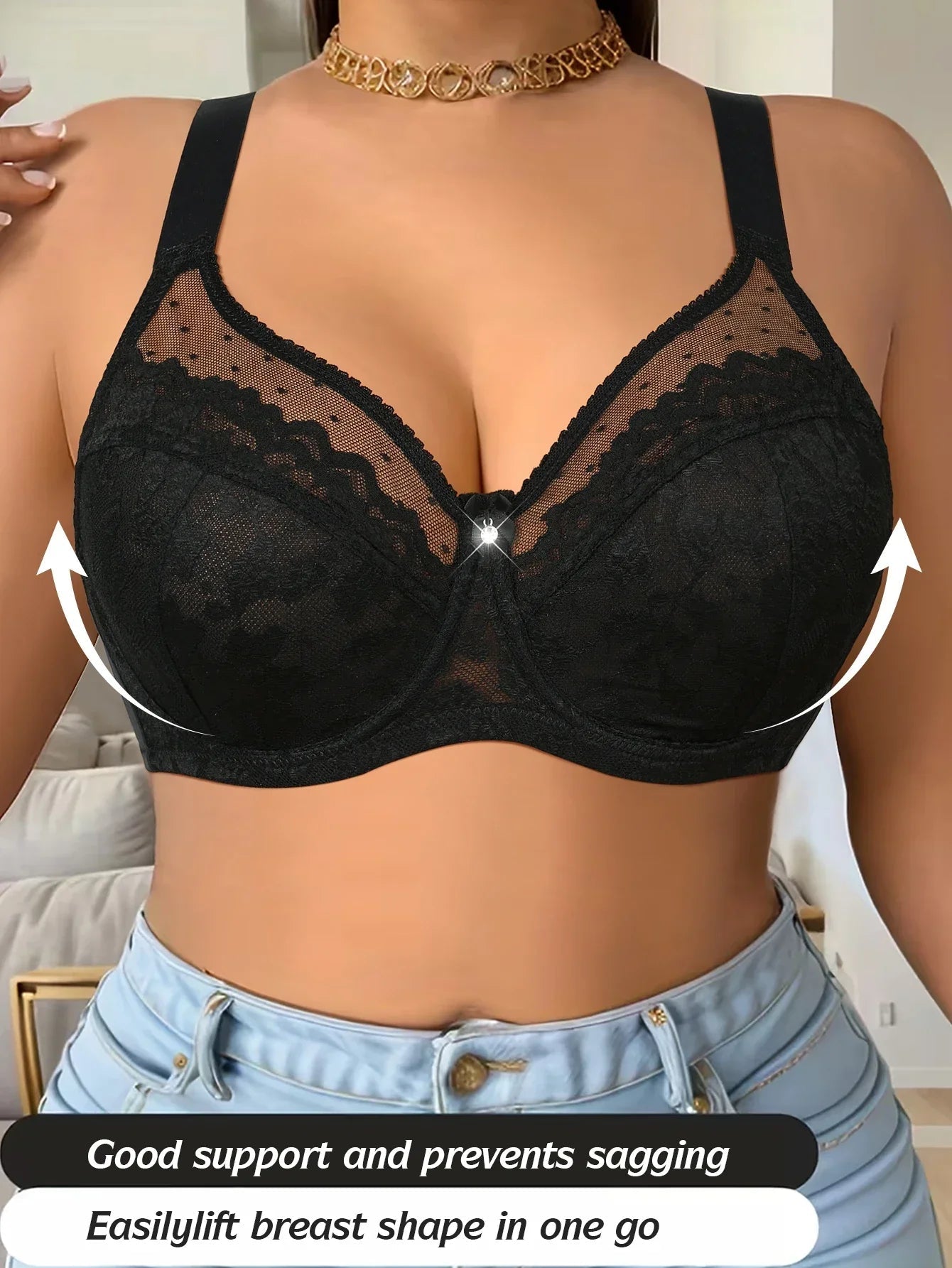Floral Lace Wireless Padded Full Cup Bra with Comfortable Breathable Mesh Cups - Easydrop
