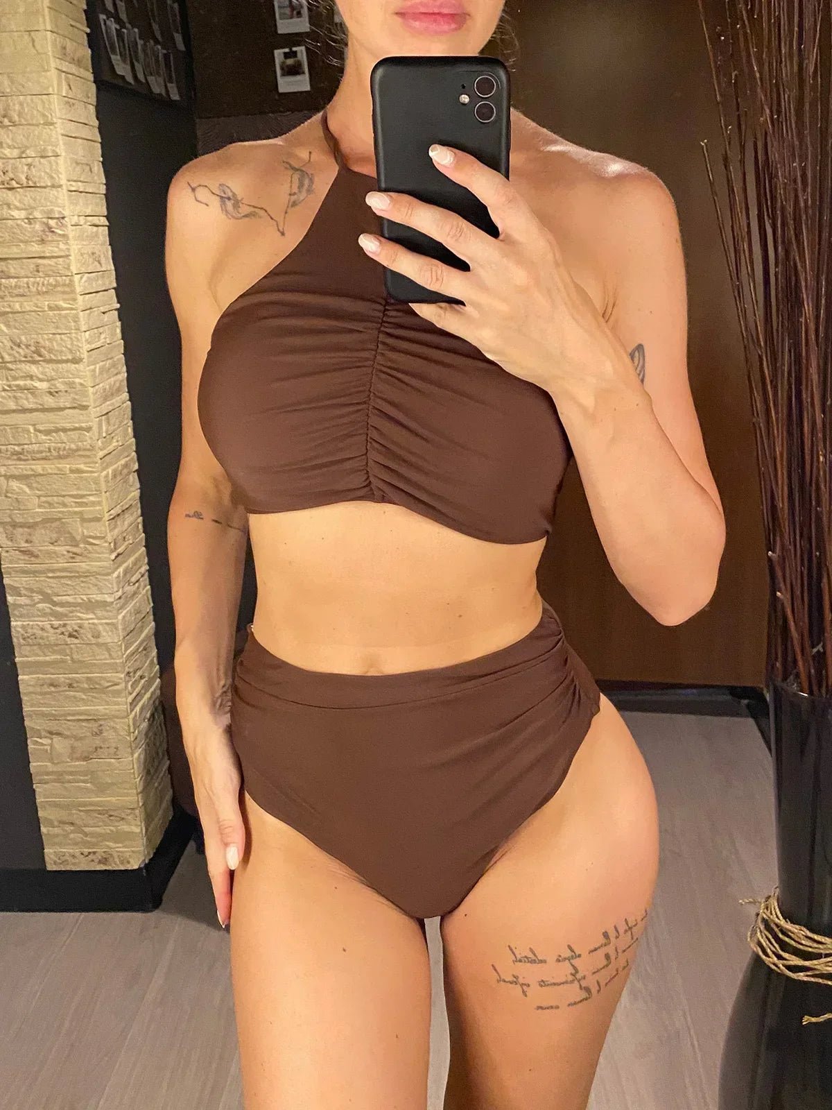Halter Wrinkled High Neck, High Waist Two - pieces Bikini set. - Easydrop