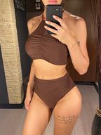 Halter Wrinkled High Neck, High Waist Two - pieces Bikini set. - Easydrop