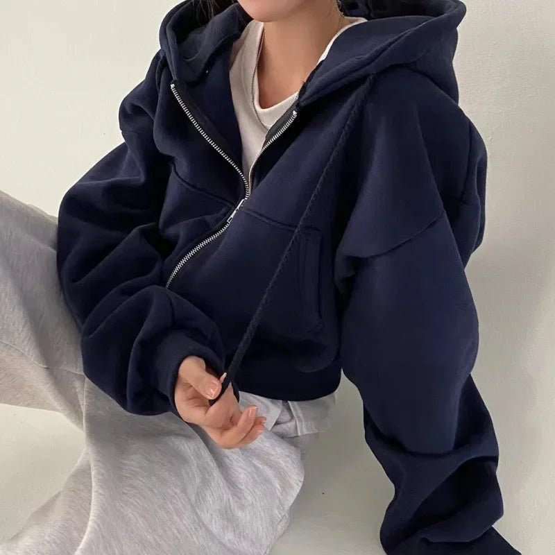 In - fleece - lined Versatile Cropped Zip - up Hooded Sweatshirt for Women - Easydrop