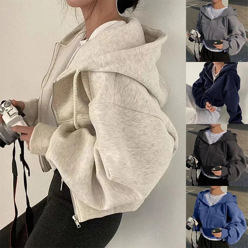 In - fleece - lined Versatile Cropped Zip - up Hooded Sweatshirt for Women - Easydrop