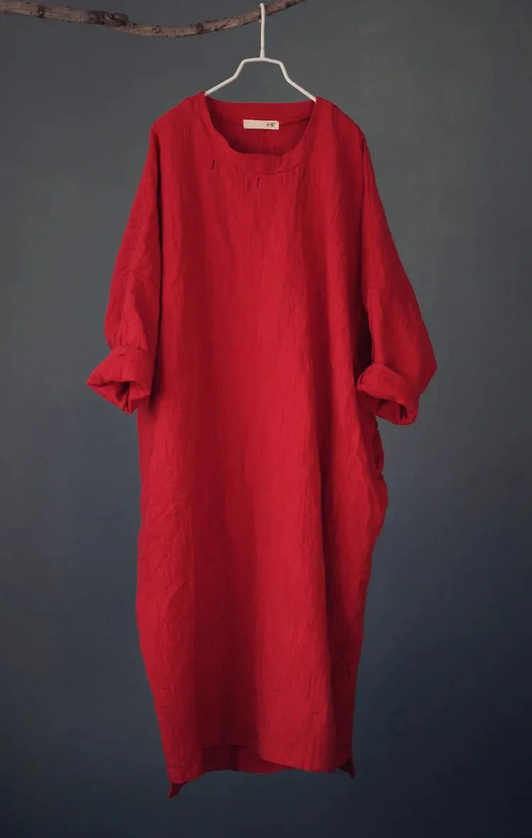 johnature-women-vintage-cotton-linen-long-sleeve-long-dress-4234894 - Easydrop