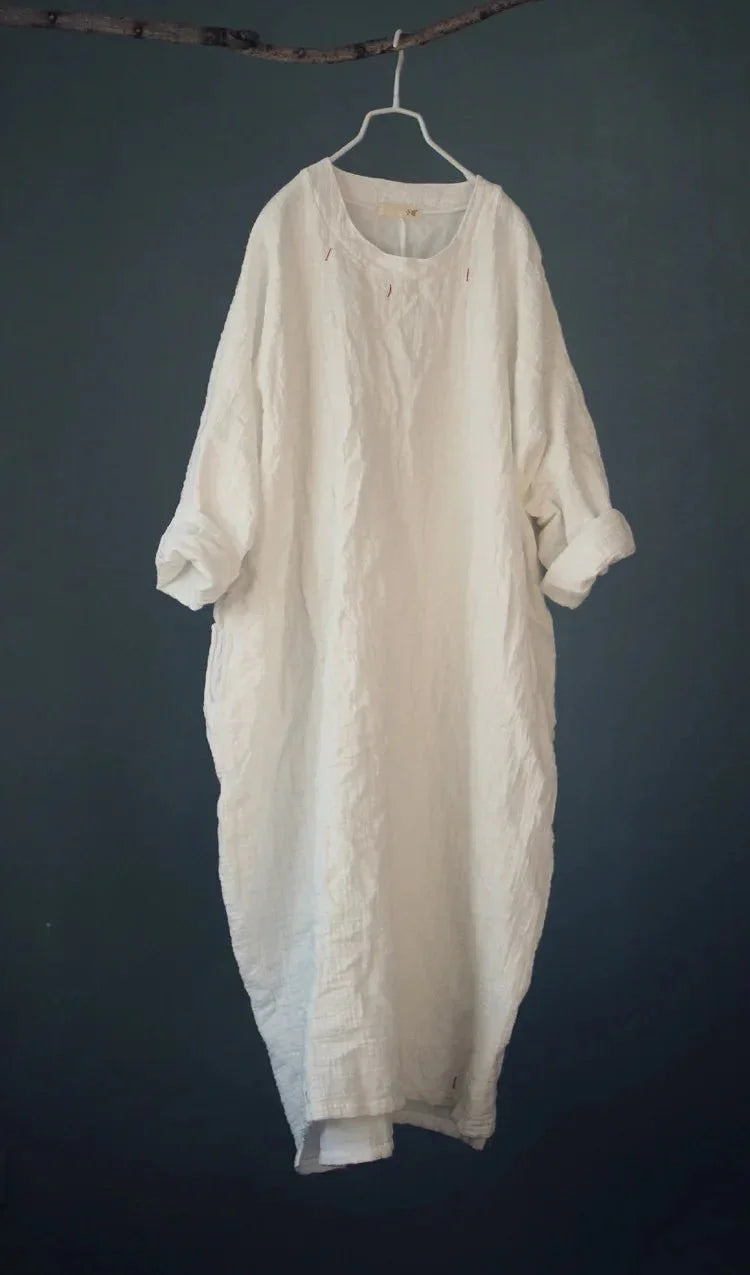 johnature-women-vintage-cotton-linen-long-sleeve-long-dress-9185676 - Easydrop