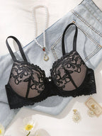 lace-trimmed-colour-blocked-breathable-adjustable-strap-push-up-bra-1888065 - Easydrop