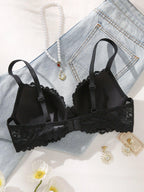 lace-trimmed-colour-blocked-breathable-adjustable-strap-push-up-bra-8586377 - Easydrop