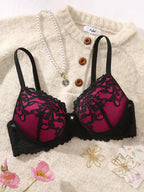lace-trimmed-colour-blocked-breathable-adjustable-strap-push-up-bra-9010330 - Easydrop