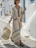 large-size-striped-print-long-v-neck-pocket-dress-1382714 - Easydrop
