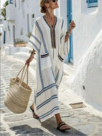 large-size-striped-print-long-v-neck-pocket-dress-2090926 - Easydrop