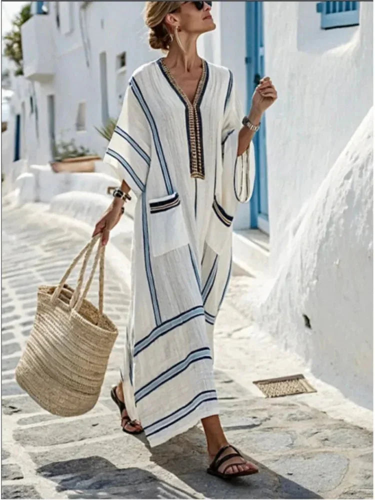 large-size-striped-print-long-v-neck-pocket-dress-5649582 - Easydrop