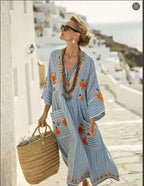 large-size-striped-print-long-v-neck-pocket-dress-7433978 - Easydrop