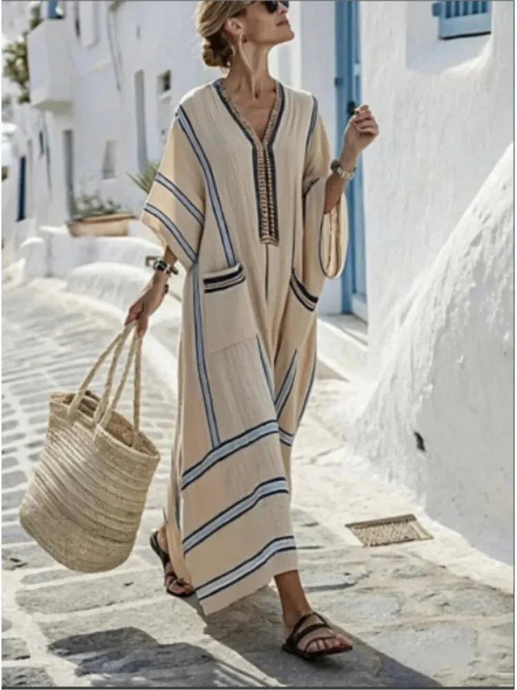 large-size-striped-print-long-v-neck-pocket-dress-8133417 - Easydrop
