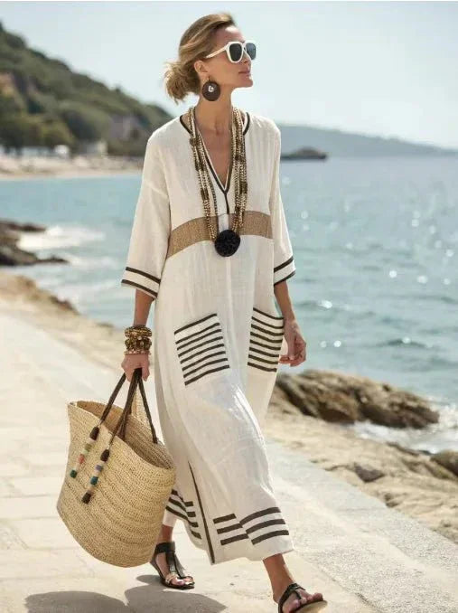 large-size-striped-print-long-v-neck-pocket-dress-8604527 - Easydrop