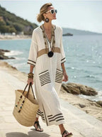 large-size-striped-print-long-v-neck-pocket-dress-8604527 - Easydrop