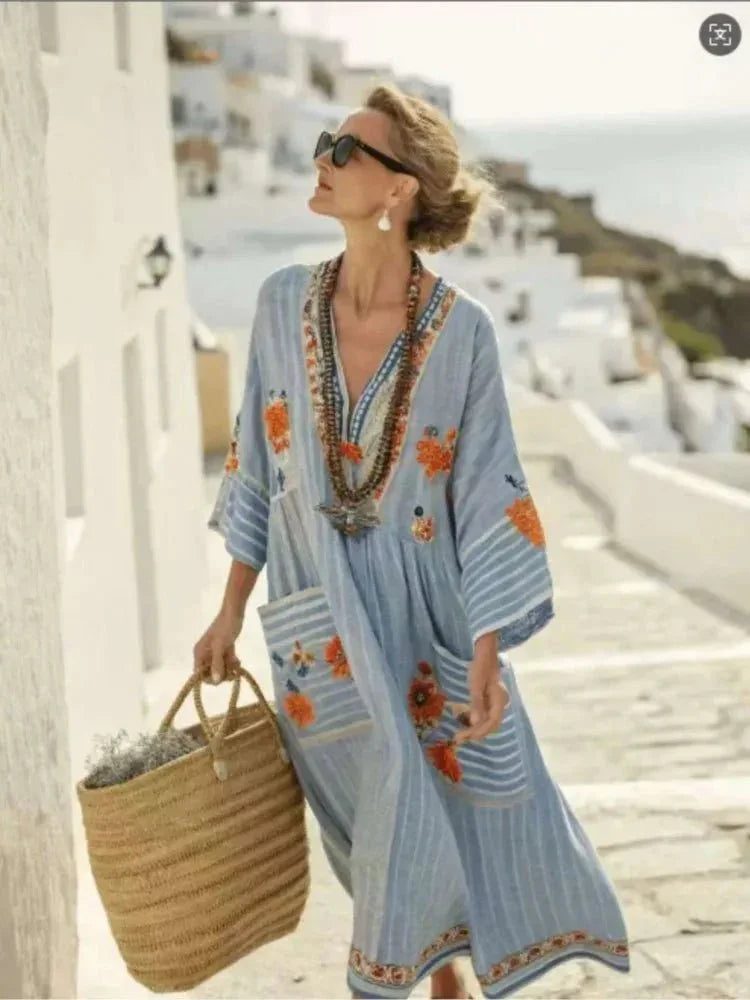 large-size-striped-print-long-v-neck-pocket-dress-9609573 - Easydrop