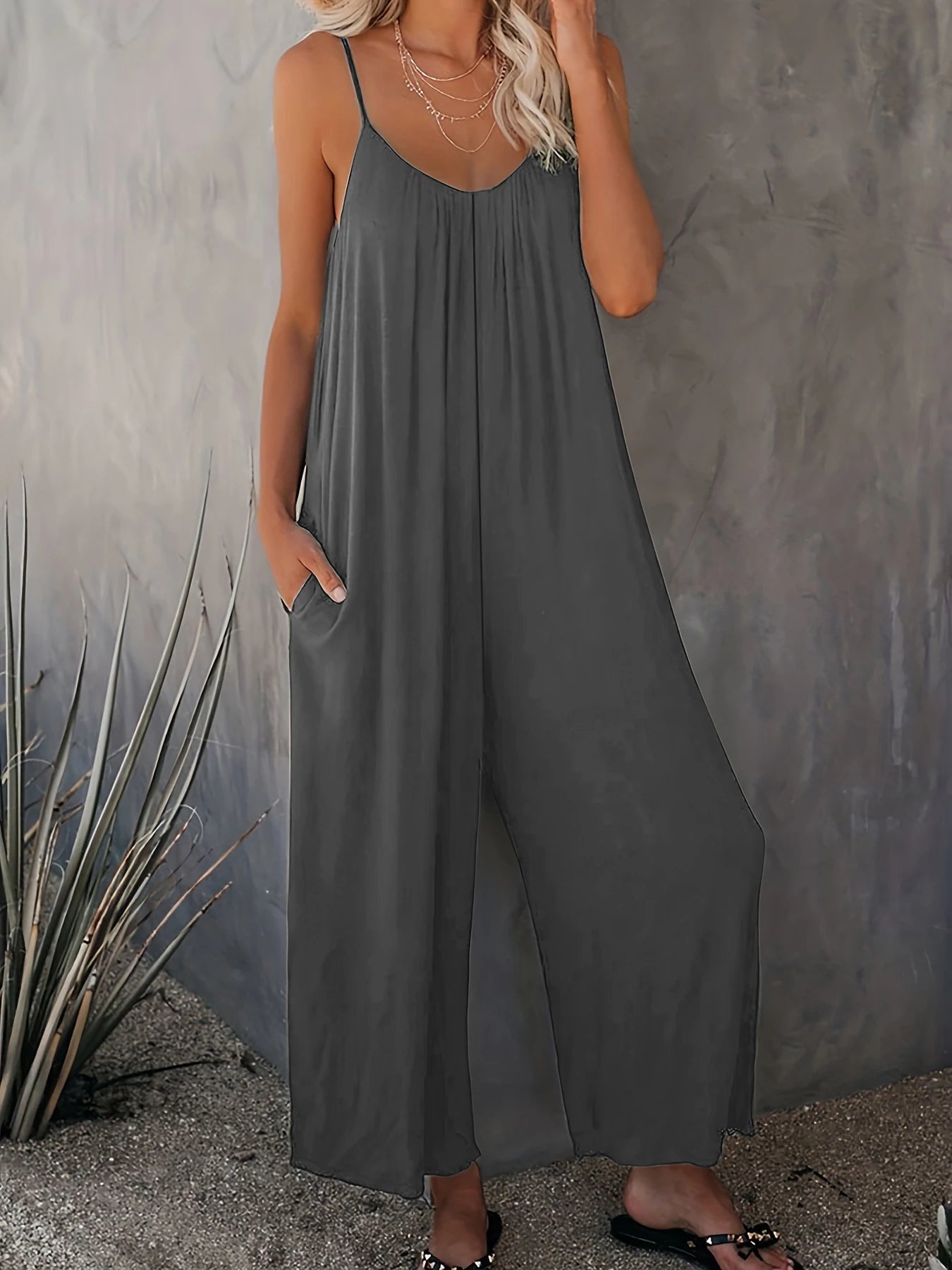 plus-size-new-cross-border-solid-color-pocket-casual-jumpsuit-1091608 - Easydrop