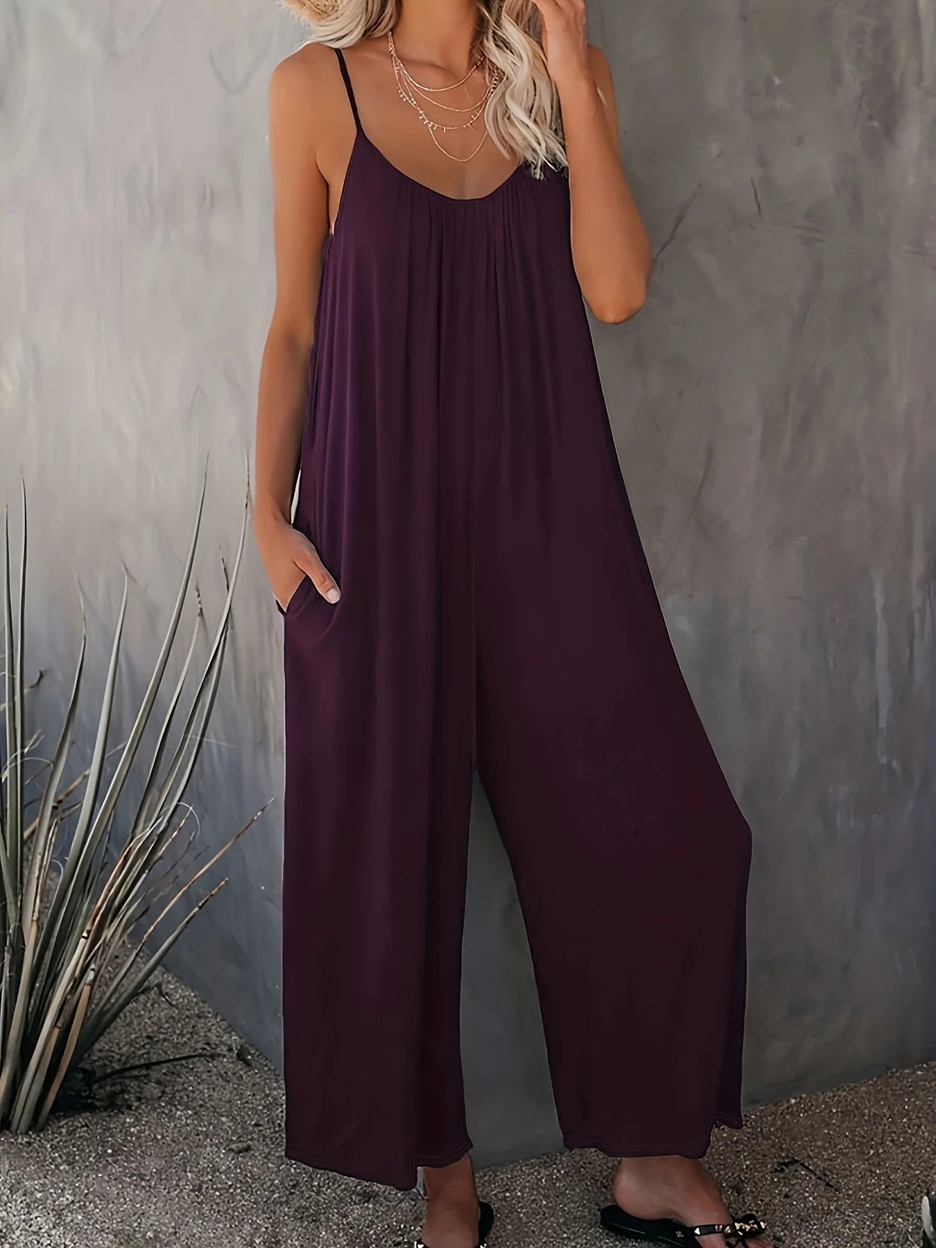 plus-size-new-cross-border-solid-color-pocket-casual-jumpsuit-1350433 - Easydrop