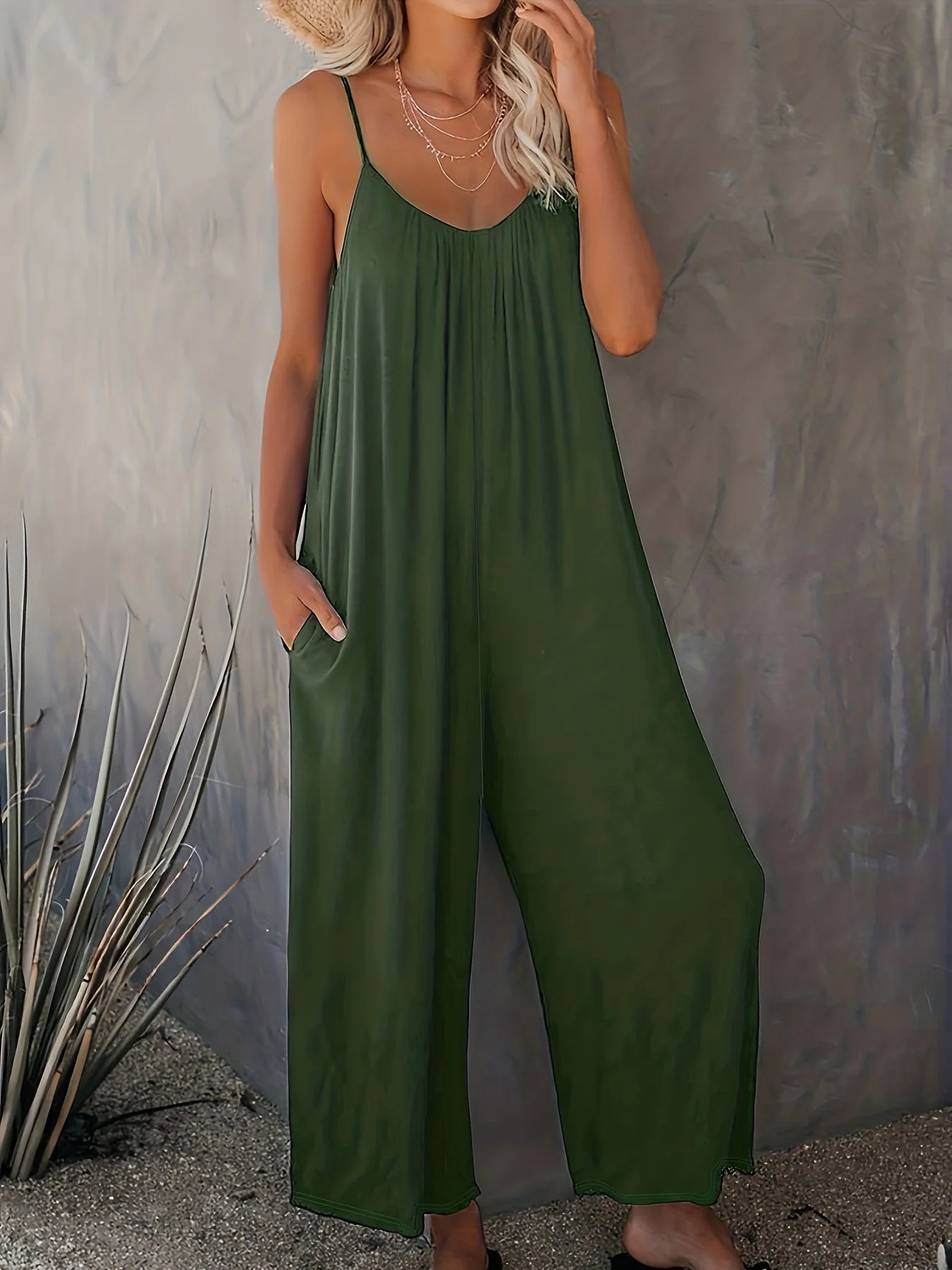 Plus size new cross - border solid color pocket casual jumpsuit - Easydrop