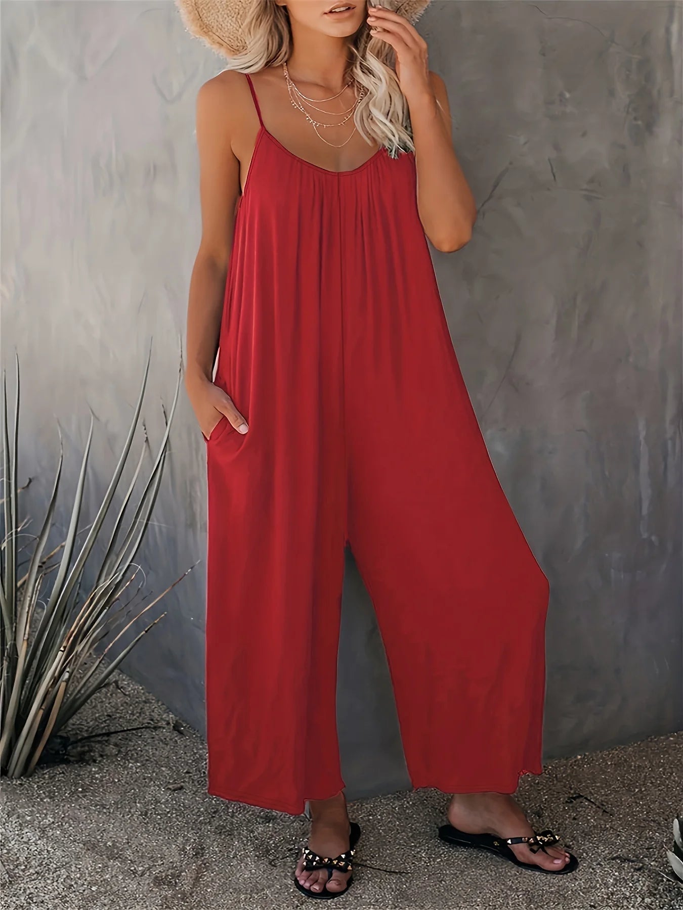 plus-size-new-cross-border-solid-color-pocket-casual-jumpsuit-7417913 - Easydrop