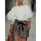Puff Sleeves Buttoned Solid Color Blouse - Easydrop