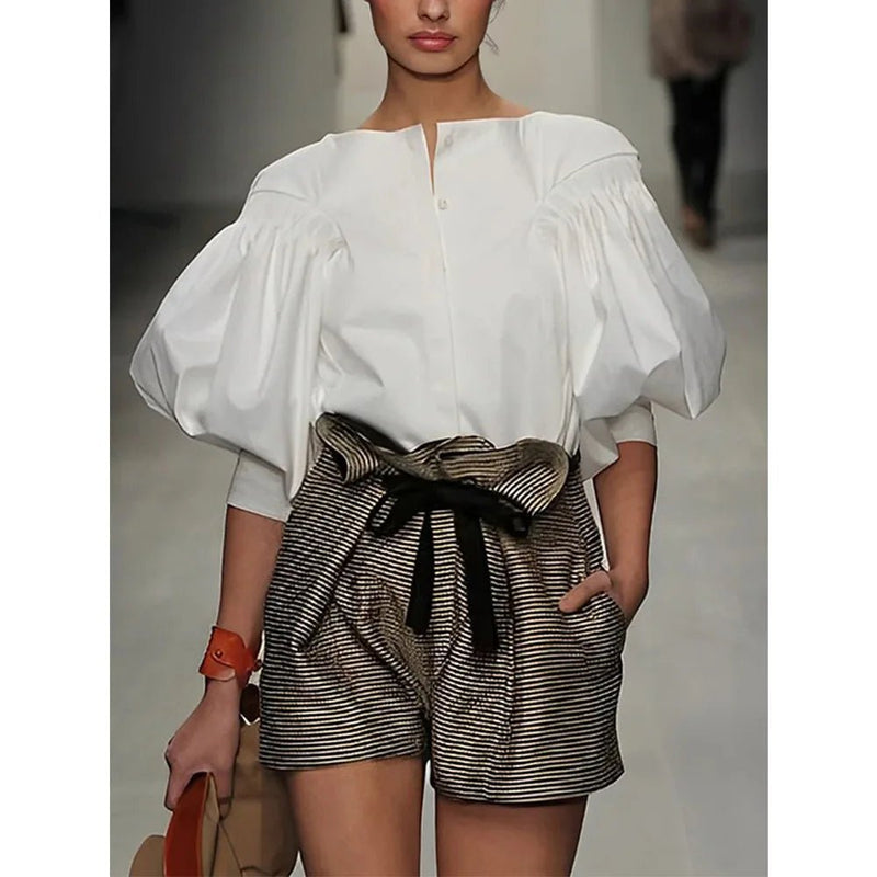 Puff Sleeves Buttoned Solid Color Blouse - Easydrop