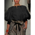 Puff Sleeves Buttoned Solid Color Blouse - Easydrop