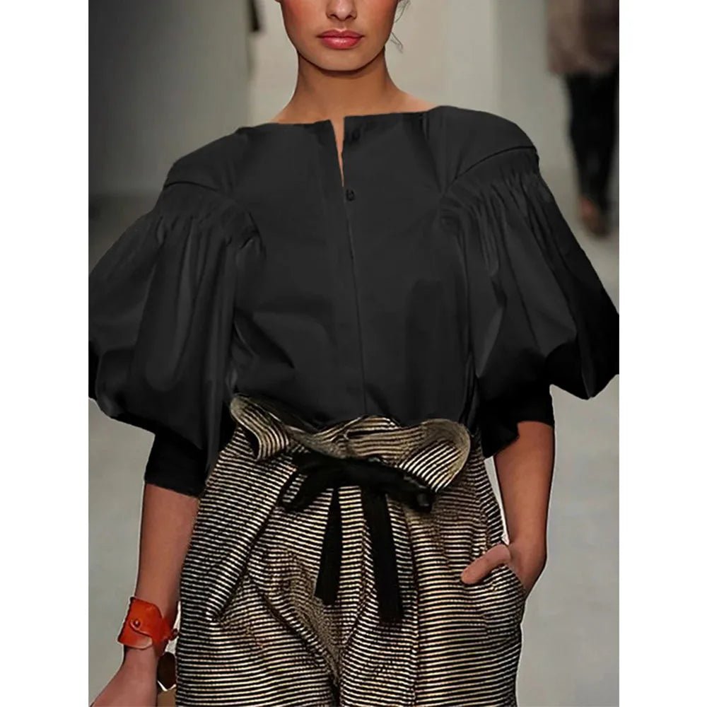 Puff Sleeves Buttoned Solid Color Blouse - Easydrop