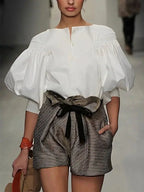 Puff Sleeves Buttoned Solid Color Blouse - Easydrop