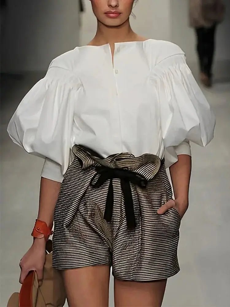 Puff Sleeves Buttoned Solid Color Blouse - Easydrop